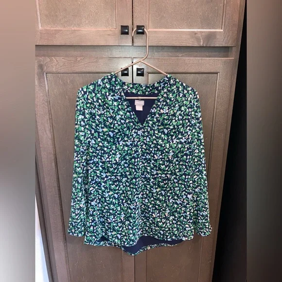 nwot women chicos green blue tan speckled long sleeve vneck dress blouse shirt 1 - Picture 1 of 5